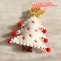 Handmade wool felt Christmas tree pendant with star embroidery and red pom-poms, 9x11cm size - White Christmas Tree Hanging Decoration