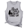 Détail d'un débardeur gris clair sans manches avec imprimé camping vintage et nœud à la base - S / Gris clair