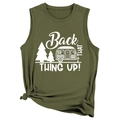 Detail of army green sleeveless tank top with vintage camping graphic and front knot hem - Army Green