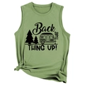 Detail of avocado green sleeveless tank top featuring outdoor camping graphic and side knot - Olive Green