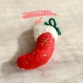 Christmas wool felt sock ornament with gold snowflake embroidery and green loop hanger - Red Boot Hanging Decoration