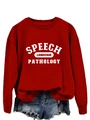 Détail du sweat rouge avec imprimé Speech Language Pathology et short en jean - S / Rouge Vif (Imprimé Blanc)
