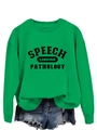 Détail du sweat-shirt vert Speech Language Pathology avec motif rétro et short en jean - S / Vert Herbe (Imprimé Noir)