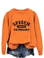 Detail of orange sweatshirt with Speech Language Pathology print and denim shorts - Orange (Black Print)