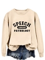 Detailed close-up of beige speech language pathology sweatshirt with black lettering - Sand (Black Print)