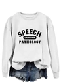 Detailed view of Speech Language Pathology lettering on white oversized sweatshirt - White (Black Print)