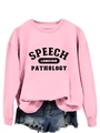 Detail of pink crewneck sweatshirt with Speech Language Pathology print and denim shorts - Pink (Black Print)