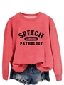 Detail of coral pink speech language pathology sweatshirt with distressed denim shorts - Red (Black Print)