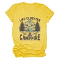 Detailed flat lay of campfire illustration on yellow crewneck cotton t-shirt - S / Yellow