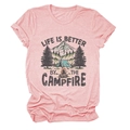 Close-up of Life is Better by the Campfire print on pink heather knit t-shirt fabric - S / Pink