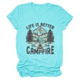 Detail of teal crew neck t-shirt featuring outdoor campfire graphic and mountain print - S / Deep Water Blue