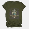 Detailed flat lay of army green T-shirt with vintage campfire mountain print design - S / Army Green