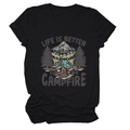 Detail of cotton t-shirt with campfire and mountain graphic print on black fabric - S / Black