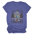 Close-up of camping graphic and Life is better by the campfire text on purple tee - S / Purple