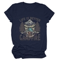 Detail of navy blue cotton t-shirt featuring a colorful mountain campfire print and text - S / Navy Blue