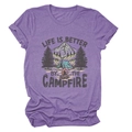 Women's purple crew neck t-shirt with 'Life is Better by the Campfire' graphic print - S / Purple