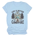 Detail of campfire graphics and typography on light blue cotton round neck t-shirt - S / Light Blue