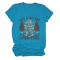 Detail of rolled sleeve cuff and campfire graphic print on a teal crew neck T-shirt - S / Lake Blue