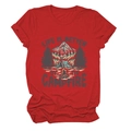 Detailed flat lay of a red cotton t-shirt featuring a campfire and mountain graphic print - S / Red