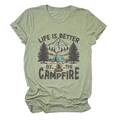 Detail of grey-green campfire graphic t-shirt showing fabric texture and camping print - S / Olive Green