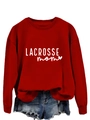 Detail of red lacrosse mom sweatshirt with heart print and distressed denim shorts - S / Red Sweatshirt (White Font)