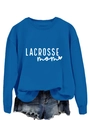 Detail of royal blue Lacrosse Mom sweatshirt with heart graphic and denim shorts - Lake Blue Sweatshirt (White Font)