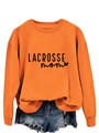 Detail of bright orange Lacrosse Mom sweatshirt with relaxed fit and bold black lettering - Orange Sweatshirt (Black Font)