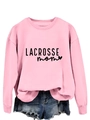 Close-up of pink lacrosse mom sweatshirt with black lettering and heart icon - Pink Sweatshirt (Black Font)