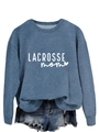 Detail of grey-blue Lacrosse Mom sweatshirt and denim shorts with ribbed cuffs - Blue Sweatshirt (White Font)