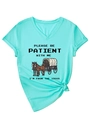 Close-up of mint green V-neck T-shirt with vintage 1900s slogan and knotted hem detail - S / Deep Water Blue