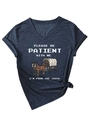 Detail of navy V-neck tee with PLEASE BE PATIENT WITH ME I'M FROM THE 1900S print - Navy Blue