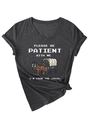 Detail of V-neck grey t-shirt with Please Be Patient 1900s print and knotted hem - Black Heather Grey