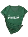 Detail of V-neck dark green T-shirt with Somebody's Problem print and side knot design - Dark Green (White Graphic)