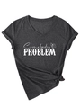 Detail of grey V-neck T-shirt featuring Somebody's Problem print and cowboy hat graphic - Heather Grey (White Graphic)