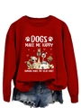 Dettaglio felpa girocollo rossa con grafica 'Dogs Make Me Happy' e stampe di cani - Taglia S / felpa rossa (scritta bianca e immagine a colori)