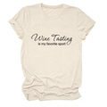 Detail of cream short-sleeve T-shirt with 'Wine Tasting is my favorite sport' black print - S / Sand (Black Font)