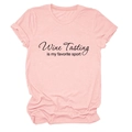 Detail of pink cotton T-shirt showing rolled sleeves and Wine Tasting slogan print - Pink (Black Print)