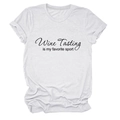 Detailed view of the Wine Tasting is My Favorite Sport print on a white cotton T-shirt - White (Black Font)