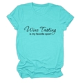 Detailed view of mint green cotton t-shirt featuring Wine Tasting slogan print - Deep Water Blue (Black Font)