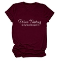 Detail of the 'Wine Tasting is my favorite sport' print on a burgundy cotton t-shirt - Wine Red (White Font)