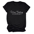 Detail view of cotton t-shirt collar and 'Wine Tasting is my favorite sport' slogan print - Black (White Font)
