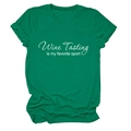 Detail of lime green t-shirt featuring Wine Tasting is my favorite sport print - Dark Green (White Font)