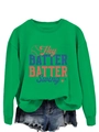 Detail of green crewneck sweatshirt with 'Hey Batter Batter Swing' print and denim shorts - S / Grass Green