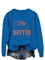 Close-up of blue sweatshirt with Hey Batter Batter Swing print and baseball graphic - S / Lake Blue
