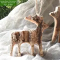 Rustic wooden reindeer Christmas ornament with twine rope and natural bark texture, 9x9cm size - Deer Style (with Bark)