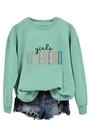 Détail du sweat vert menthe avec imprimé 'girls WEEKEND' et short en jean effiloché - Sweat-shirt Vert Clair (Texte Noir)