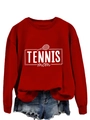 Detail of red Tennis Mom sweatshirt with tennis racket graphic and denim shorts flat lay - S / Bright Red Sweatshirt (White Text)
