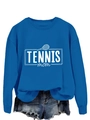 Detail of royal blue Tennis Mom sweatshirt with white graphic print and crew neckline - Lake Blue (White Print)