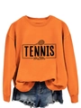 Detail of orange Tennis Mom sweatshirt with tennis racket print and crew neck design - Orange (Black Print)