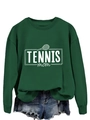 Close-up of the Tennis Mom print and ribbed cuff detail on this dark green crewneck sweatshirt - Dark Green (White Print)